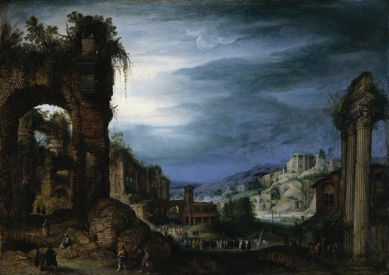 Paysage de ruines romaines avec une procession - Paul Bril