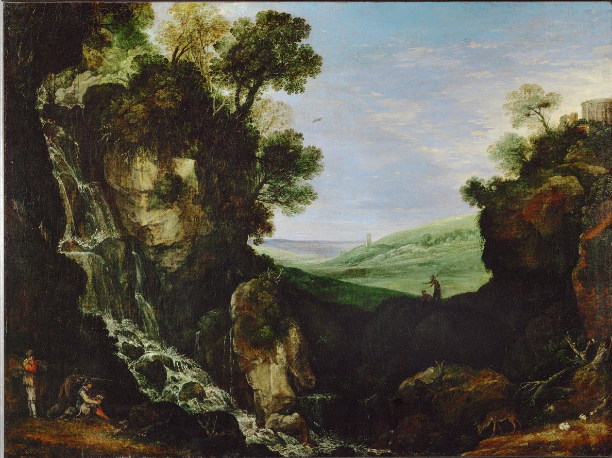 Paysage avec cascade et temple de Vesta à Tivoli - Paul Brill or Bril