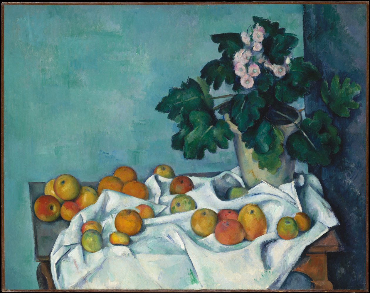 Nature morte aux pommes et à un pot de primevères - Paul Cézanne