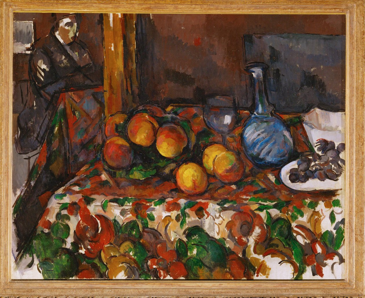 Nature morte aux pêches, carafe et personnage (huile sur toile) - Paul Cezanne