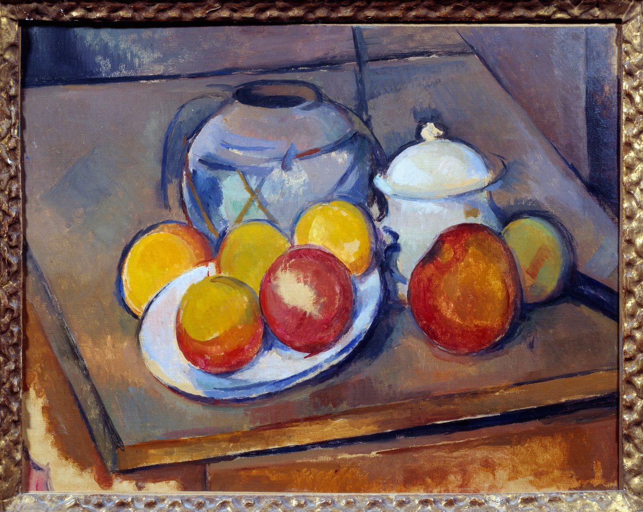 Vase de paille, sucrier et pommes - Paul Cézanne