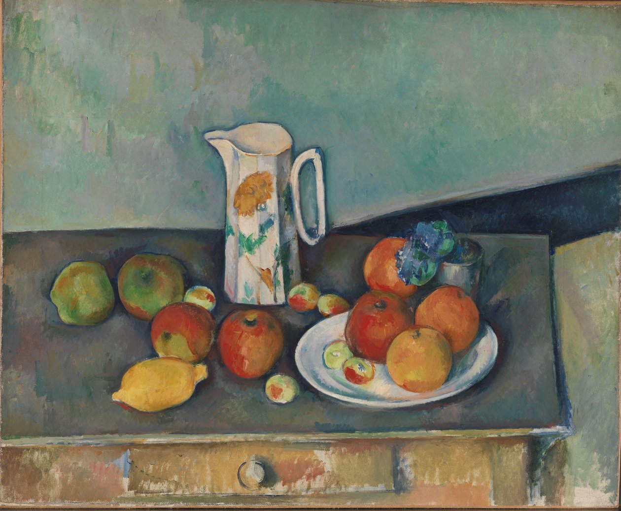 French: Nature morte, pot à lait et fruits sur une table Nature morte, pot à lait et fruits sur une table (Still life with milk pot and fruits on a table) - Paul Cézanne