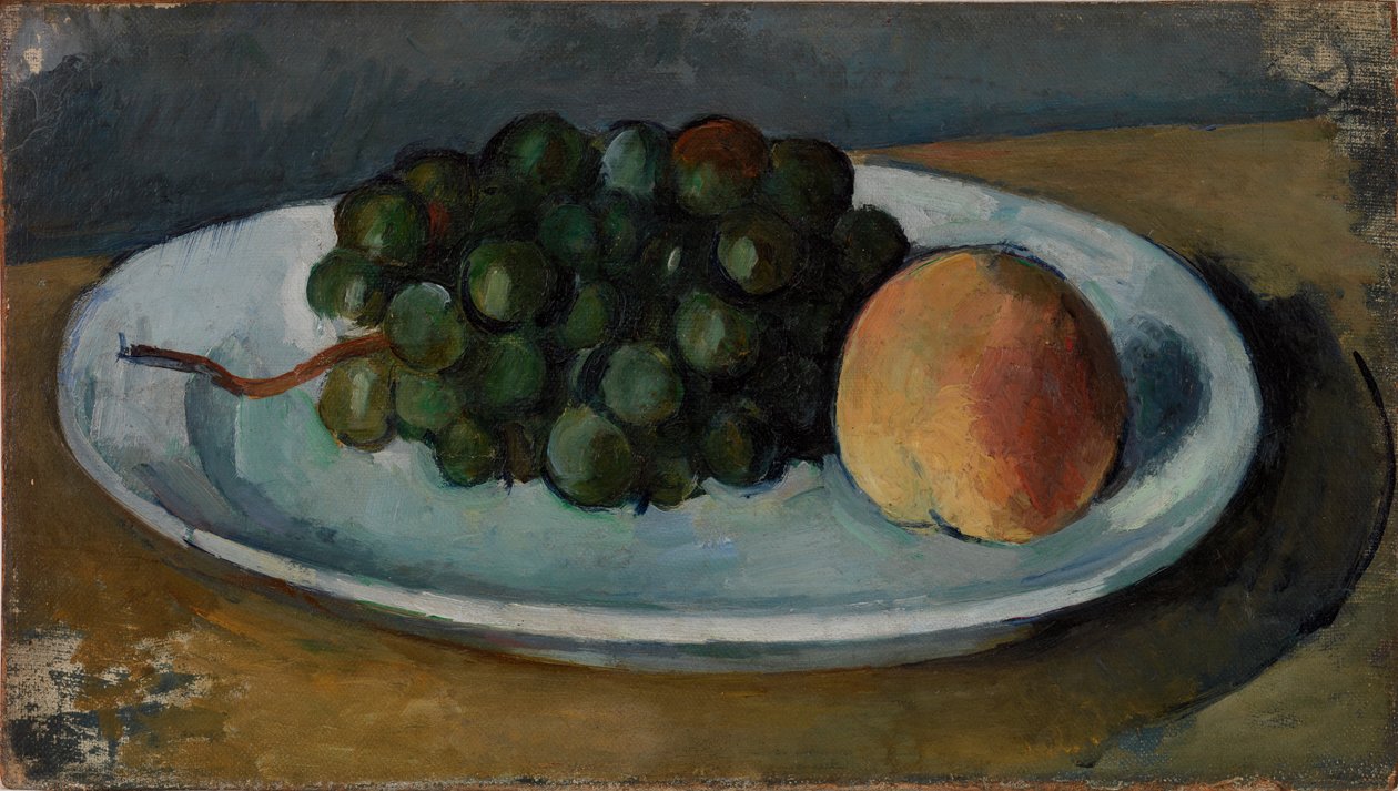 Grappe de raisin et pêche sur une assiette - Paul Cézanne