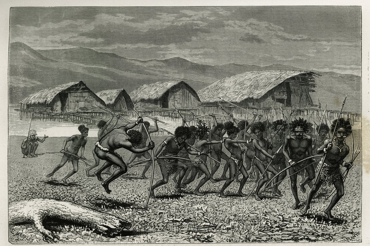 Descente des guerriers Papus Arfaks à Dorey (Nouvelle-Guinée occidentale), gravure par E. Mesples, pour illustrer le voyage en Nouvelle-Guinée par Achille Raffray, chargé d