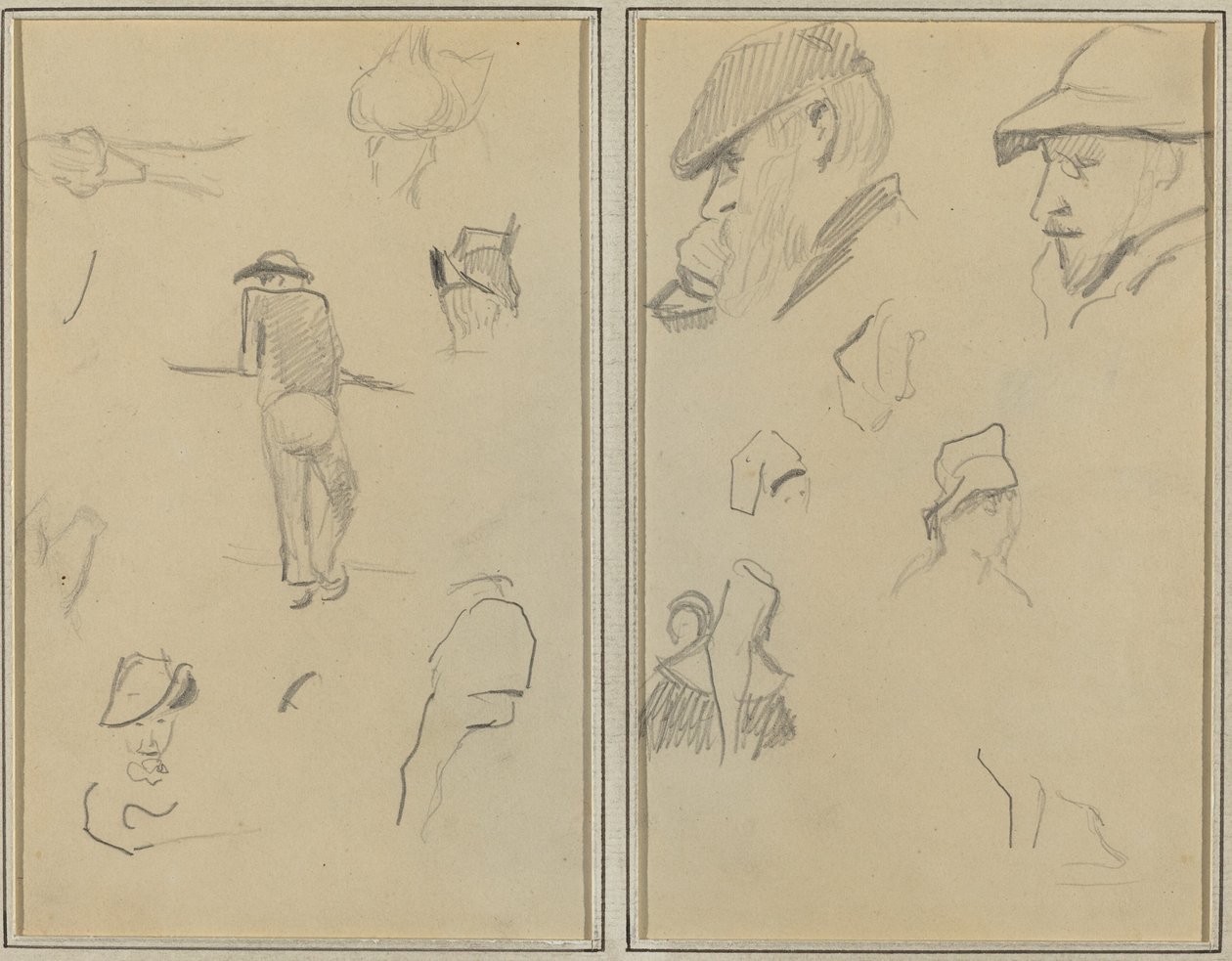 Un homme appuyé contre un mur avec cinq autres études; Deux hommes barbus portant des chapeaux, et cinq autres études [recto] - Paul Gauguin