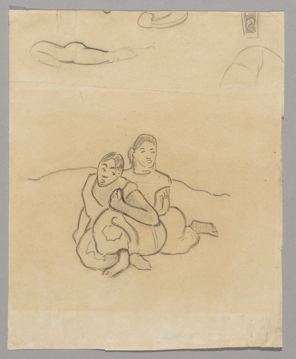 Fragments de corps, un dessin décoratif et deux femmes tahitiennes accroupies dans un paysage lié à Nafea Faaipoipo - Paul Gauguin