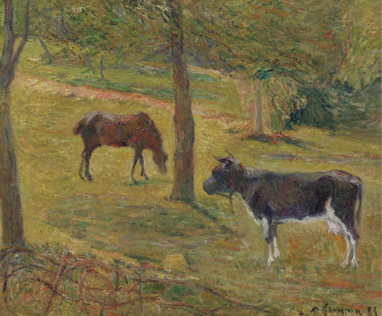 French: Vache et cheval dans un pré Cow and horse in a meadow - Paul Gauguin