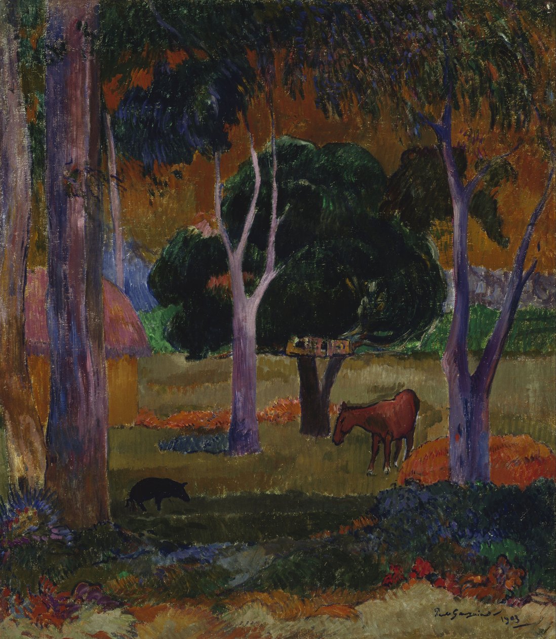 Paysage avec un cochon et un cheval (Hiva Oa) - Paul Gauguin
