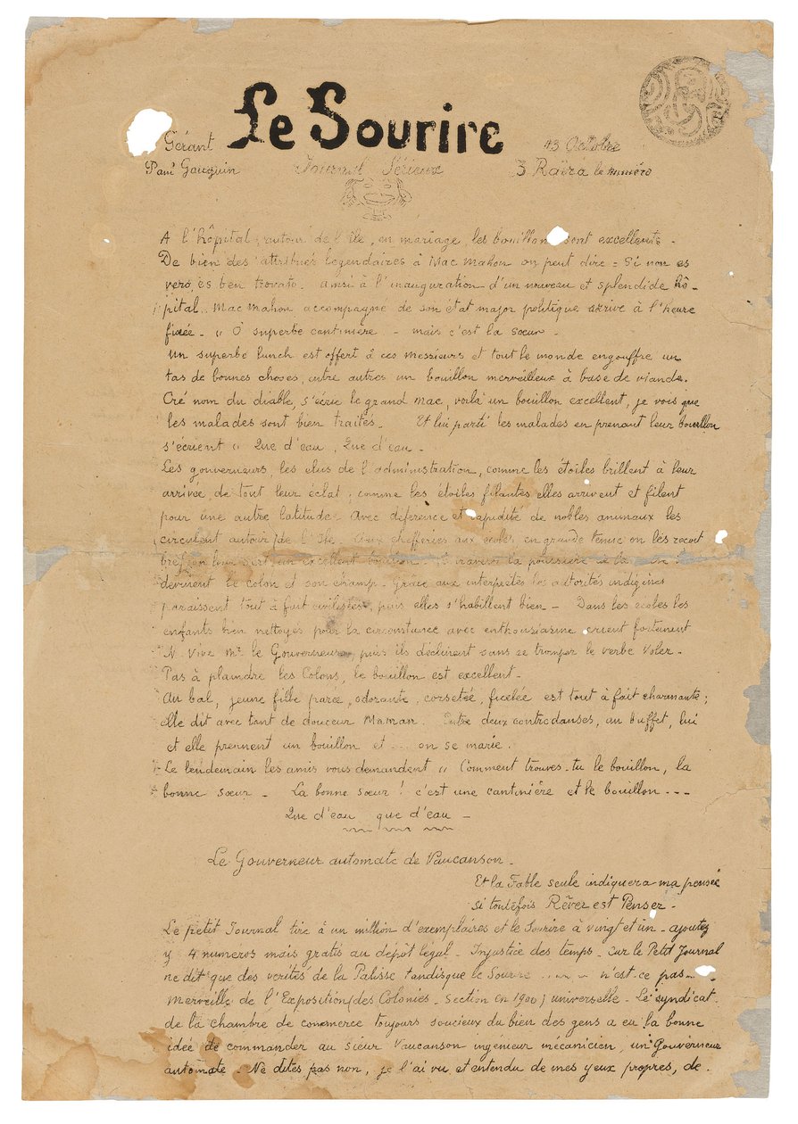 Le sourire: Journal sérieux, Oct. 13, 1899 - Paul Gauguin