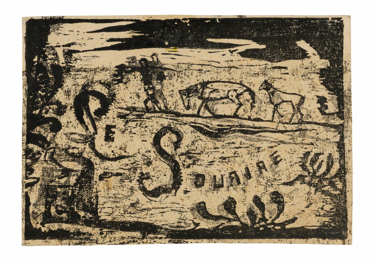 Homme portant des bananes suivi de deux chevaux, en-tête pour Le sourire - Paul Gauguin