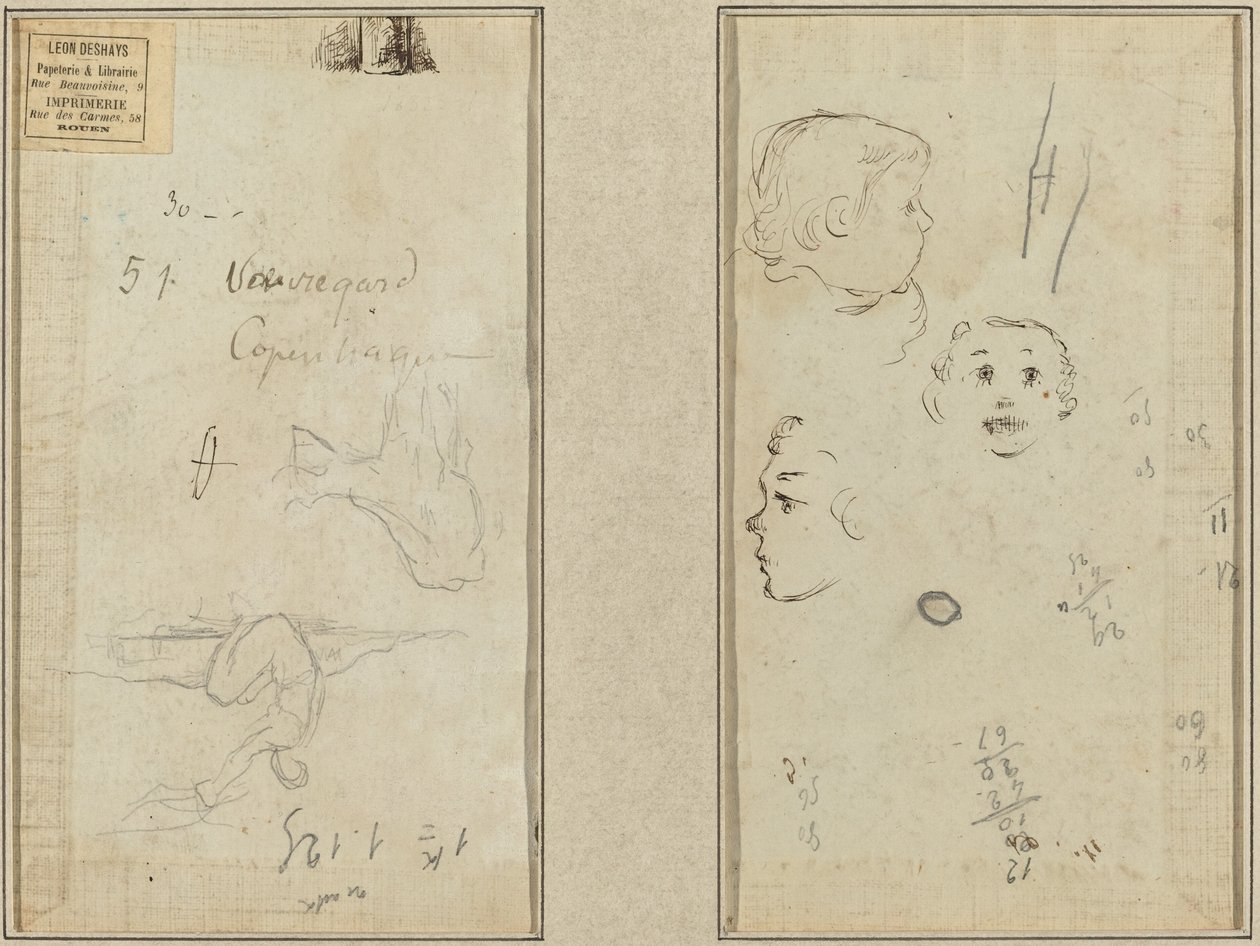 Figure assise et une vache; Trois études de la tête d