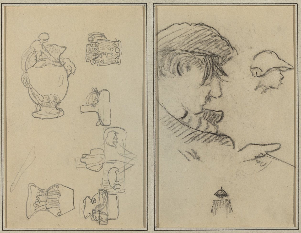 Études de cruches et de vases; Un homme avec moustache et un garçon avec un chapeau [recto] - Paul Gauguin