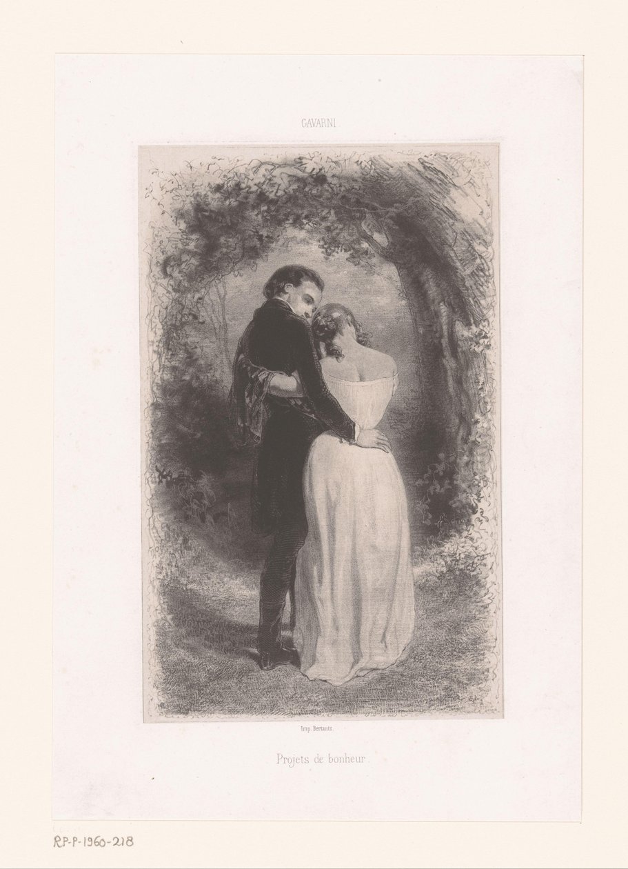 Couple amoureux sur un chemin forestier - Paul Gavarni