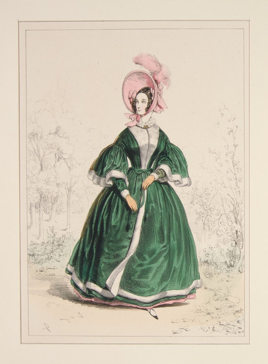 Pelisse en tissu gros grain, doublée de satin et bordée de crêpe. Chapeau de peluche. - Paul Gavarni