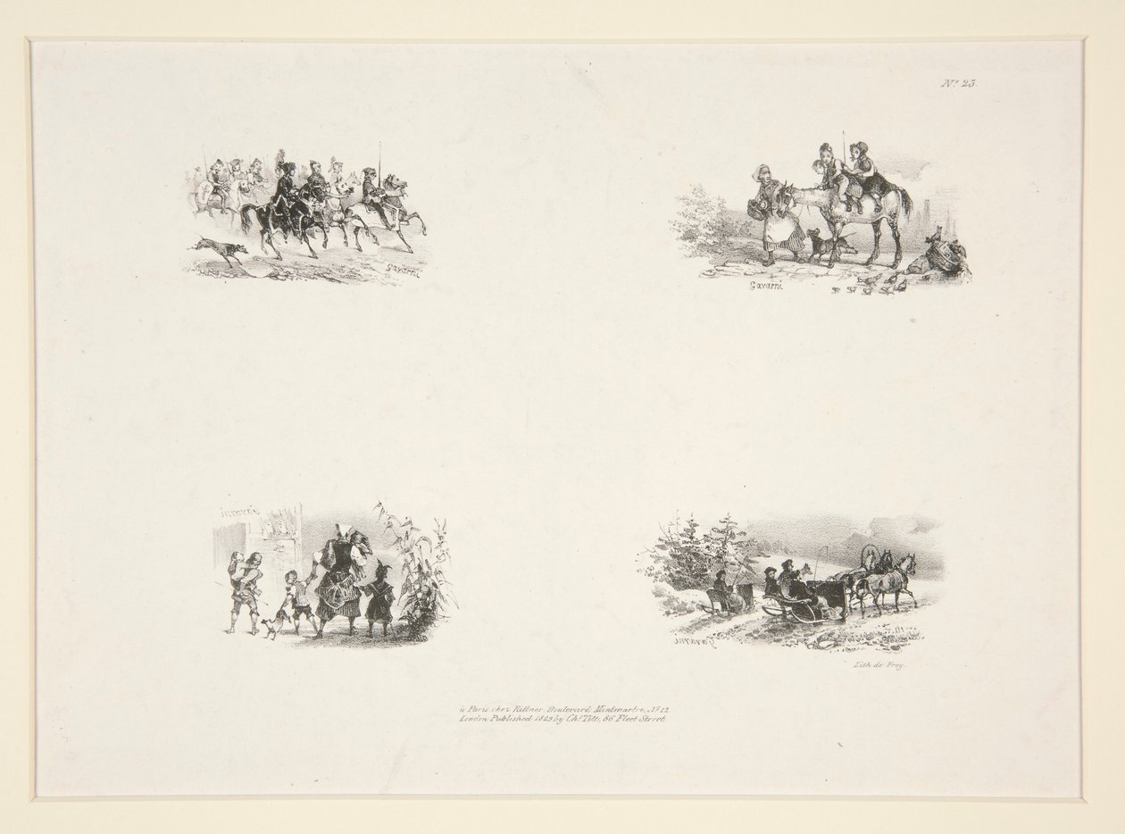 Quatre sujets: Une cavalcade; Quatre enfants; Une paysanne portant un petit enfant; Voyageurs - Paul Gavarni