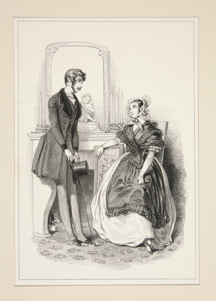 Robe en taffetas serge, fichu et tablier en pou-de-soie garno de dentelles des magasins... - Paul Gavarni