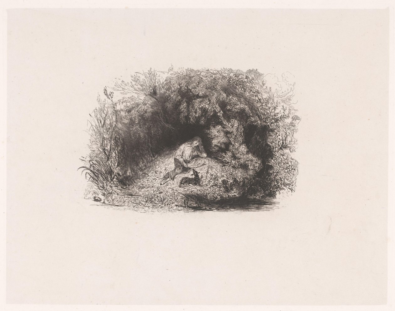 Page de titre avec homme lisant avec un chien dans une forêt (Verschillende voorstellingen door Paul Huet, Six Eaux-Fortes) - Paul Huet