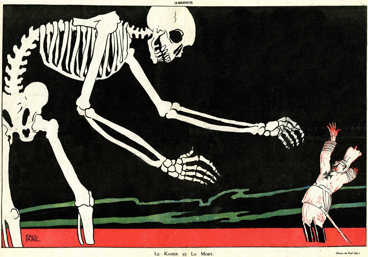 Le Kaiser et la mort. Première Guerre mondiale 1914-1918 : Guillaume II (1859-1941) dans une mer de sang menacé par un squelette. Caricature soulignant la stupidité mécanique et moqueuse allemande, soutenant ainsi le moral des Français pendant la guerre. - Paul Iribe