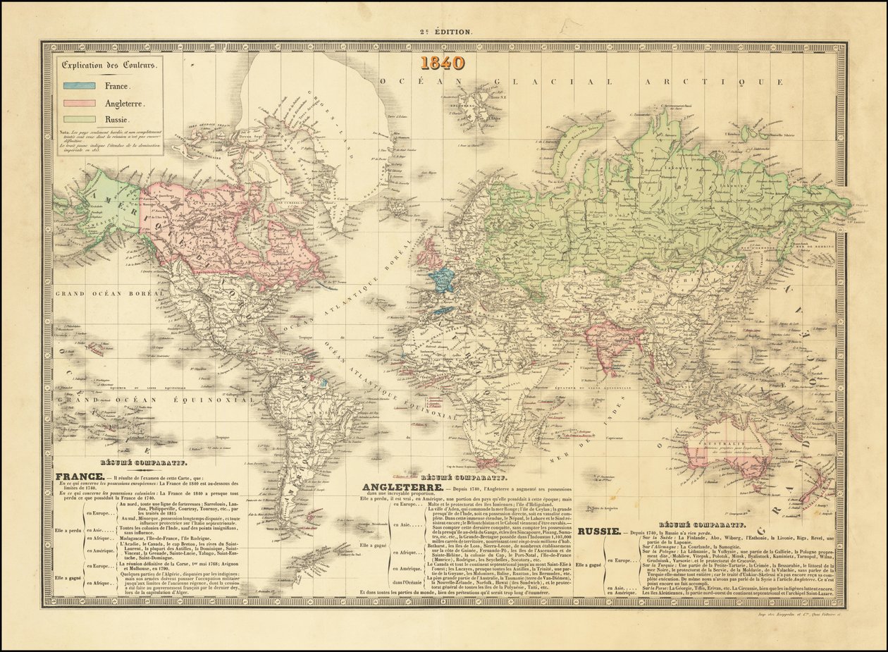 Carte du monde française de 1840 représentant les territoires des empires britannique, français et russe - Paul Kaeppelin