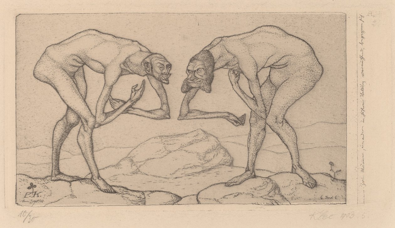 Zwei Männer, einander in höherer Stellung vermutend, begegnen sich - Paul Klee