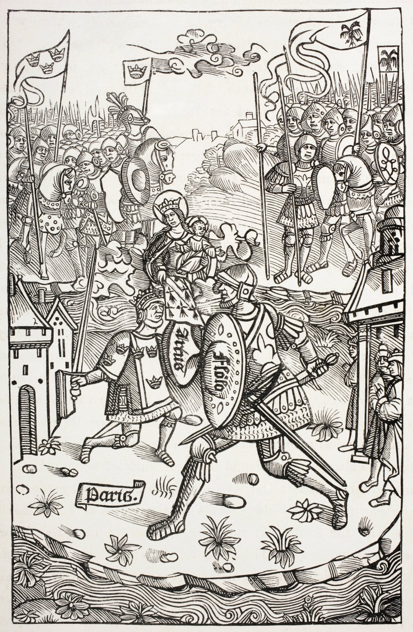 Le roi Artus, ou Arthur, protégé par la Vierge, combattant un géant. D