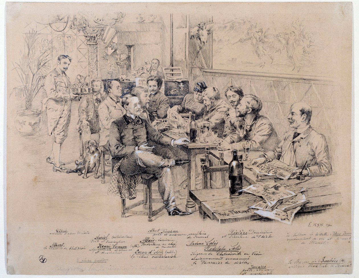 Les membres de la rédaction du magazine "Le chat noir" fondé par Rodolphe Salis pour promouvoir le cabaret homonyme : parmi eux, Caran d