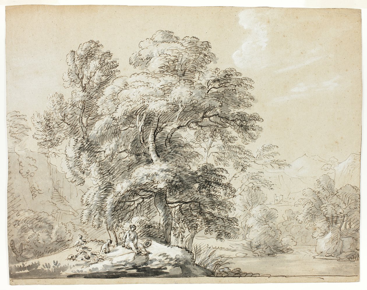 Homme et chien assis sous les arbres près de la rivière - Paul Sandby