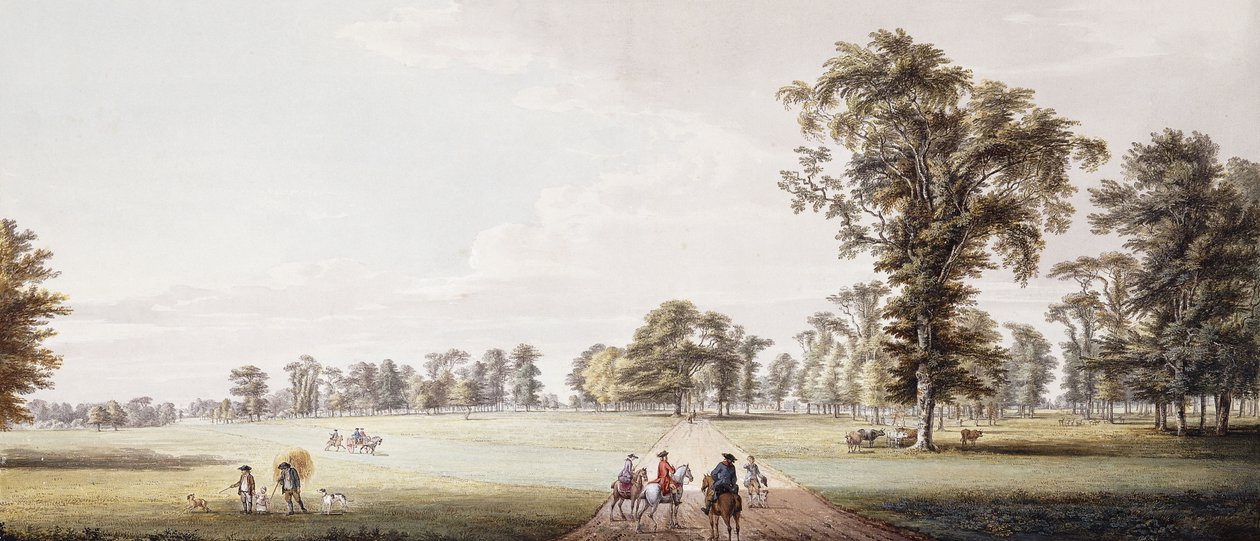 Cavaliers dans une avenue du parc de Luton, avec des personnages dans un phaéton et des rustiques à gauche - Paul Sandby