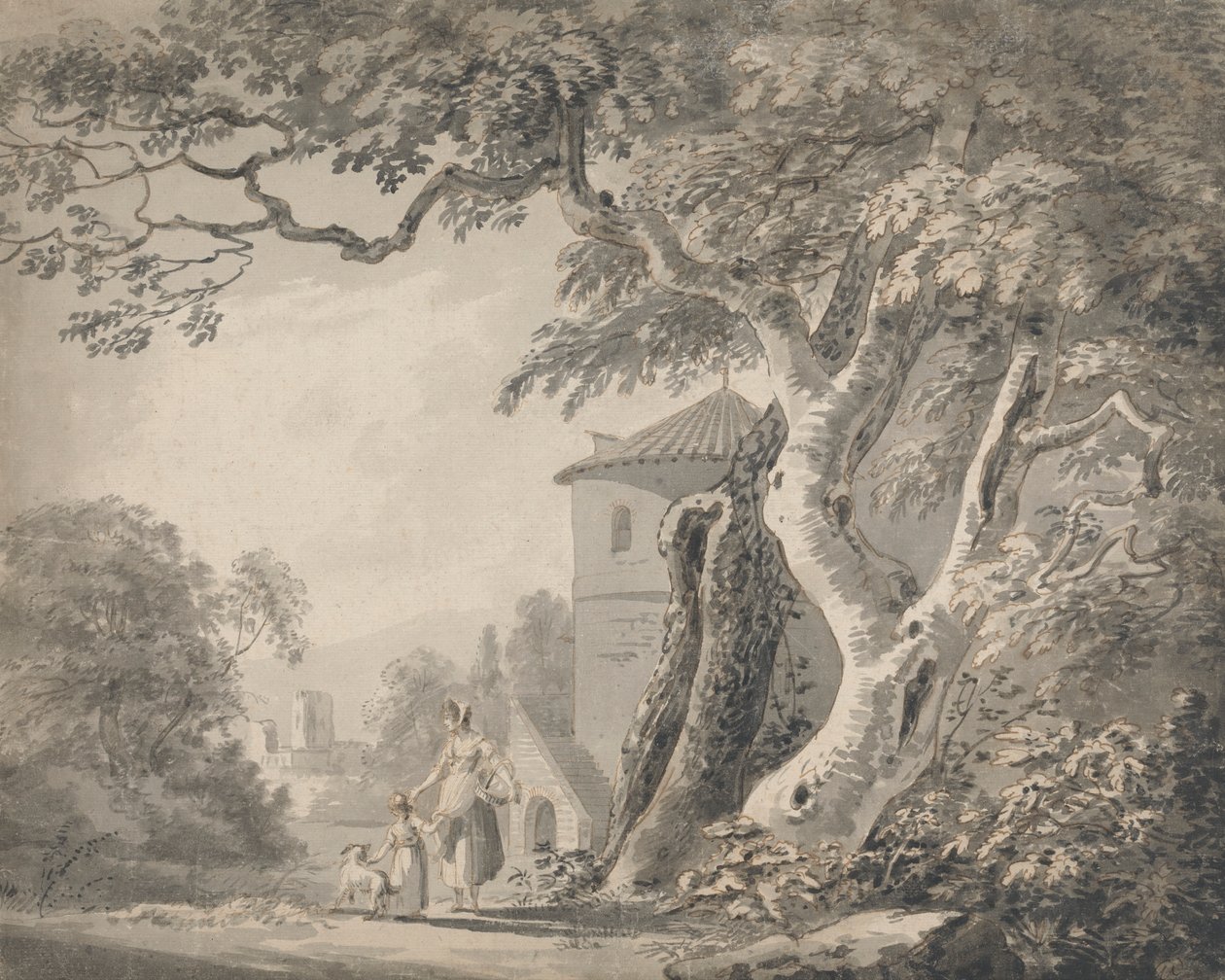 Paysage romantique avec figures et un chien - Paul Sandby