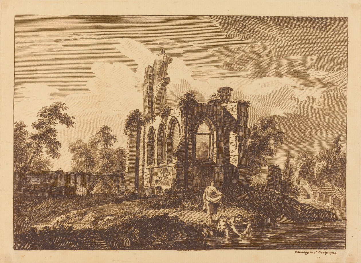 Ruines avec deux femmes lavant des vêtements dans une rivière - Paul Sandby