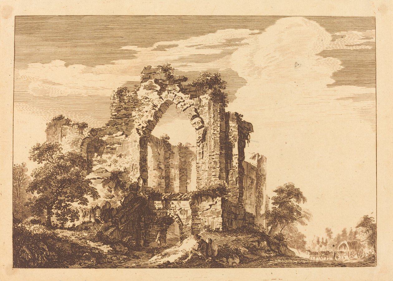 Ruines avec un Homme Assis et une Charette Couverte au Loin - Paul Sandby