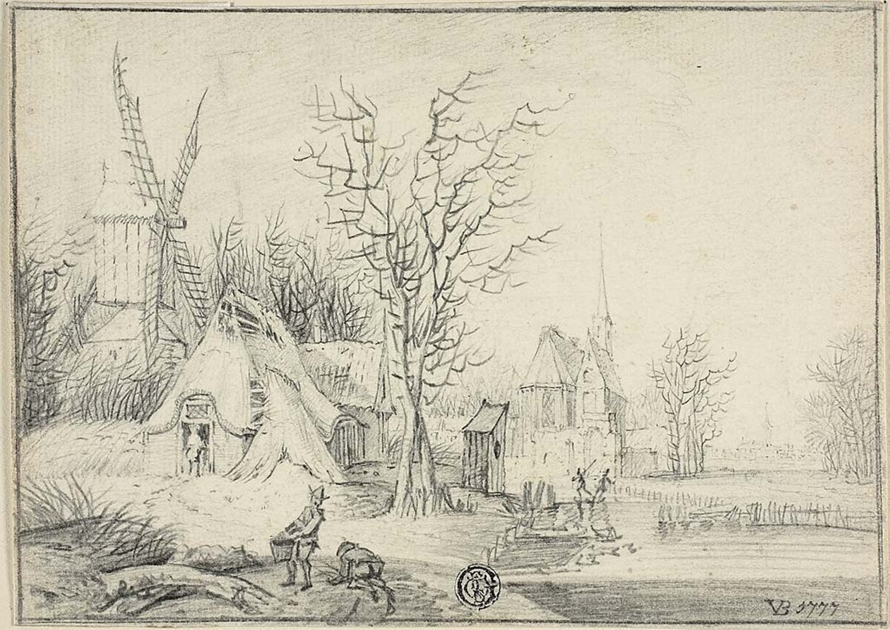 Village avec Moulin à Vent et Église - Paul Theodor van Brussel