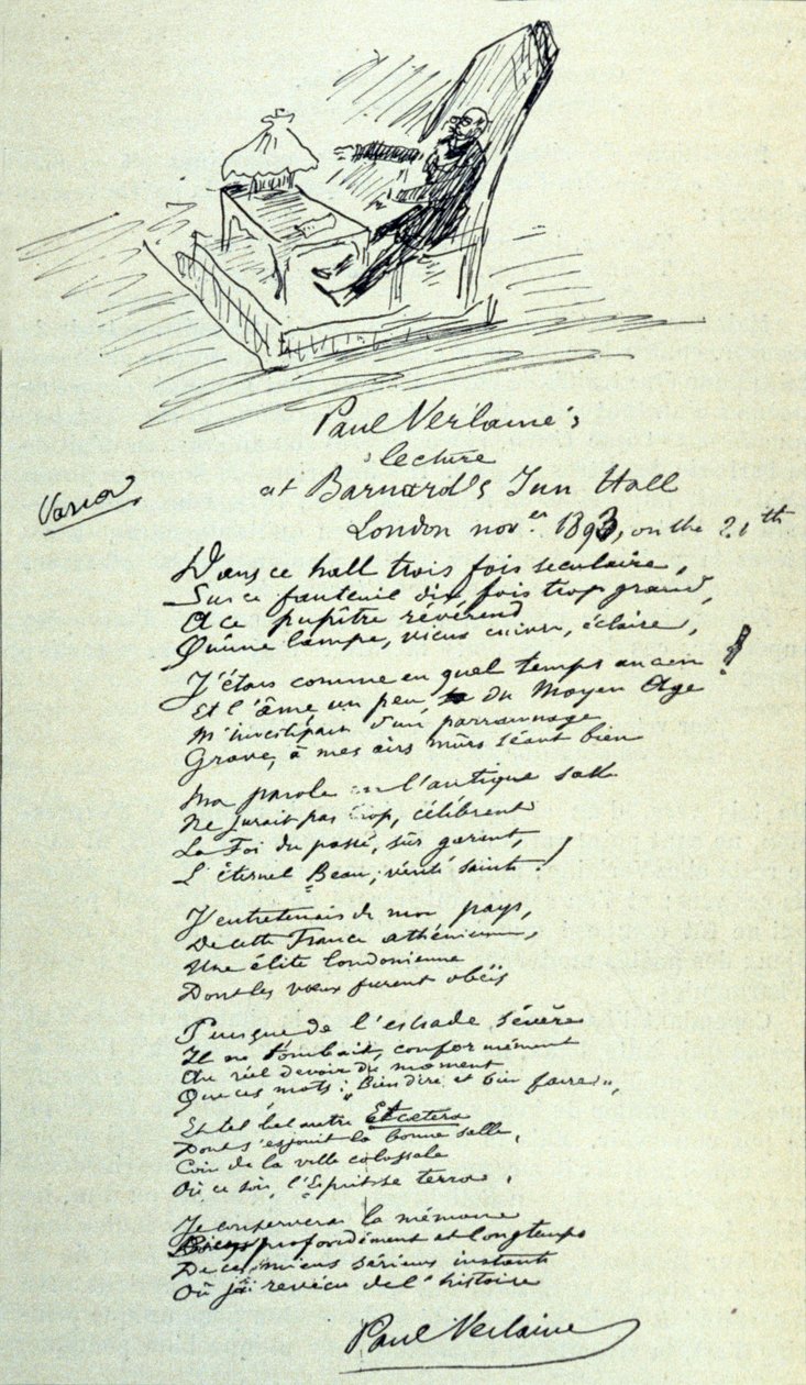 Poème signé du poète français Paul Verlaine (1844-1896) avec croquis du représentant lors d