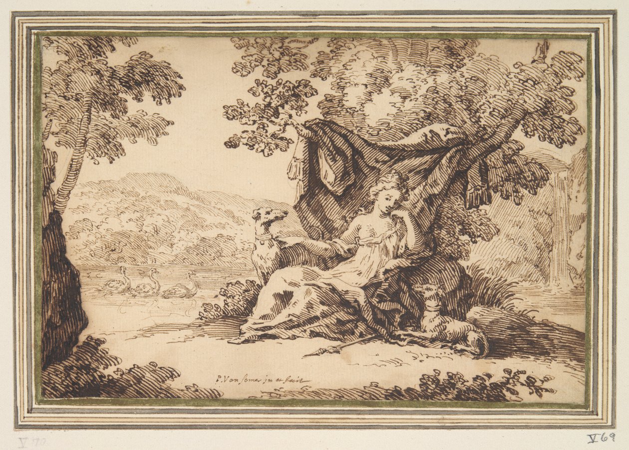 Femme avec deux chiens assise dans un paysage - Paul van Somer