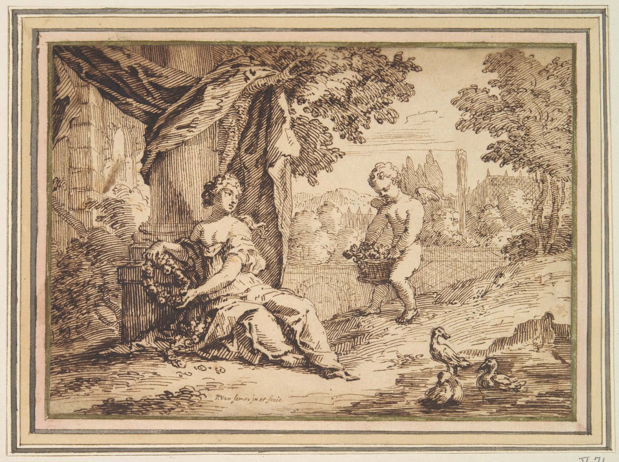 Femmes assises sous un pilier avec putto - Paul van Somer