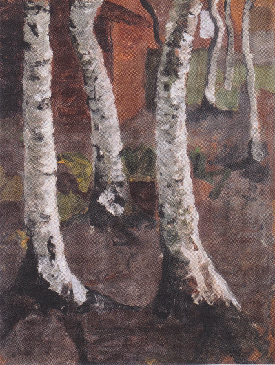 Troncs de bouleaux devant une ferme rouge - Paula Modersohn-Becker