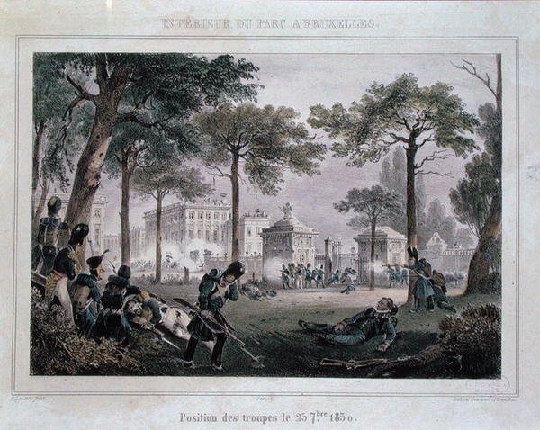 Troupes dans le Parc Royal, Bruxelles, 25 septembre 1830, gravé par Dewasme-Pletinckx - Paulus (after) Lauters
