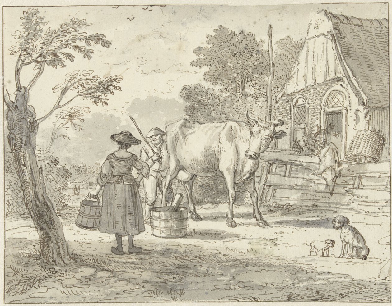 Paysans avec une vache devant la maison - Paulus Constantijn la Fargue