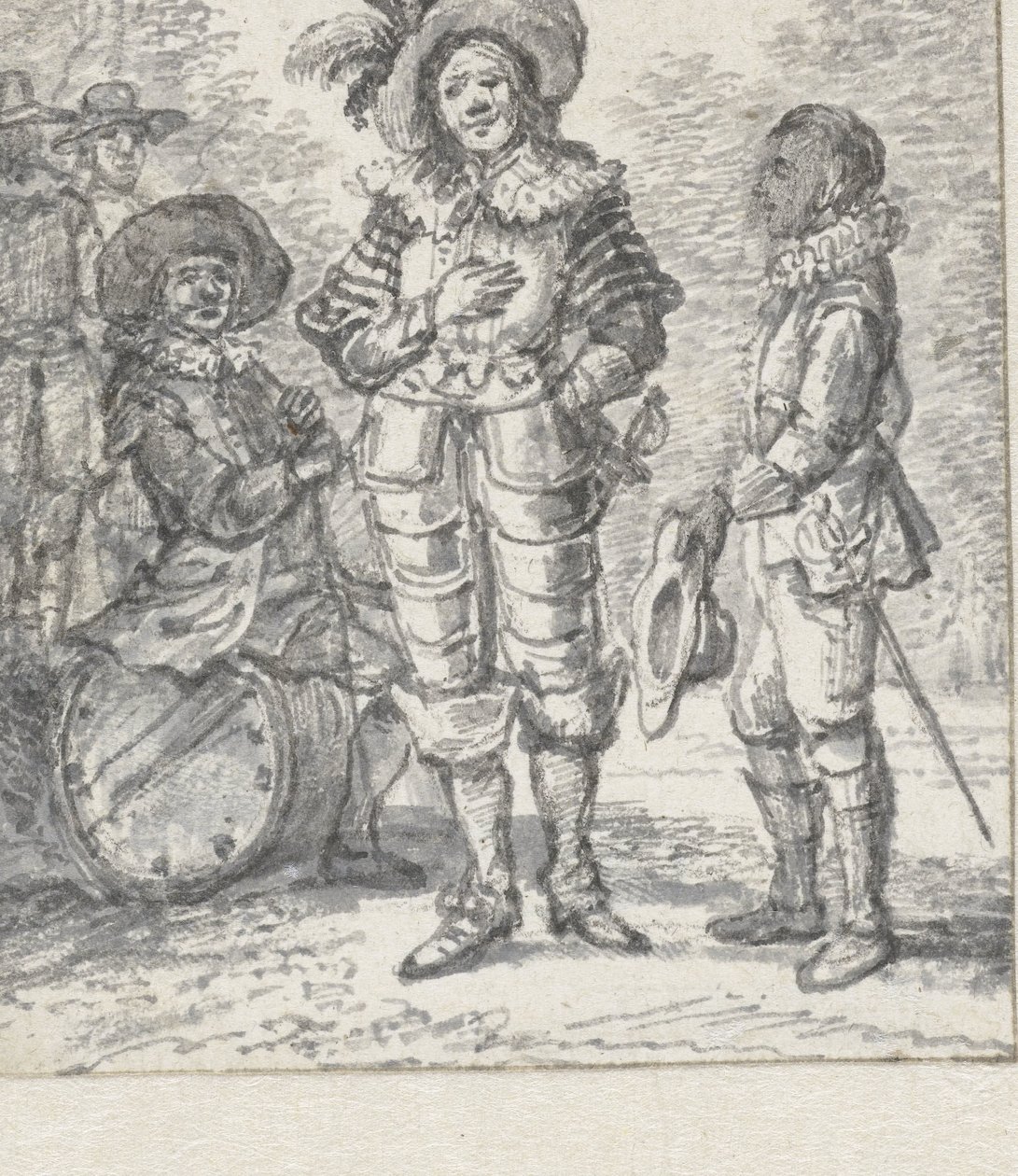 Projet pour illustration de troupe de théâtre : deux figures debout et une figure assise - Paulus Constantijn la Fargue