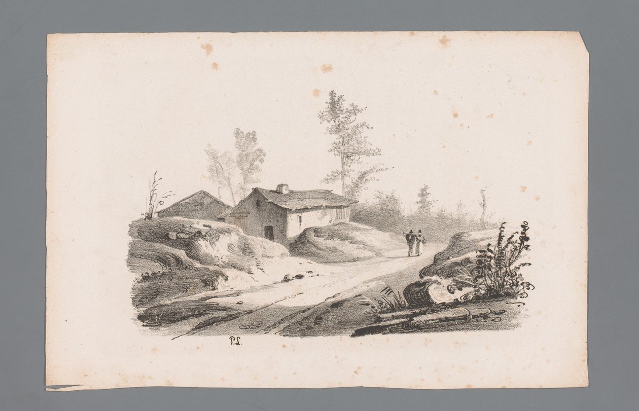 Paysage de colline avec chemin de campagne et maisons (titre de la série : Principes de paysages) - Paulus Lauters