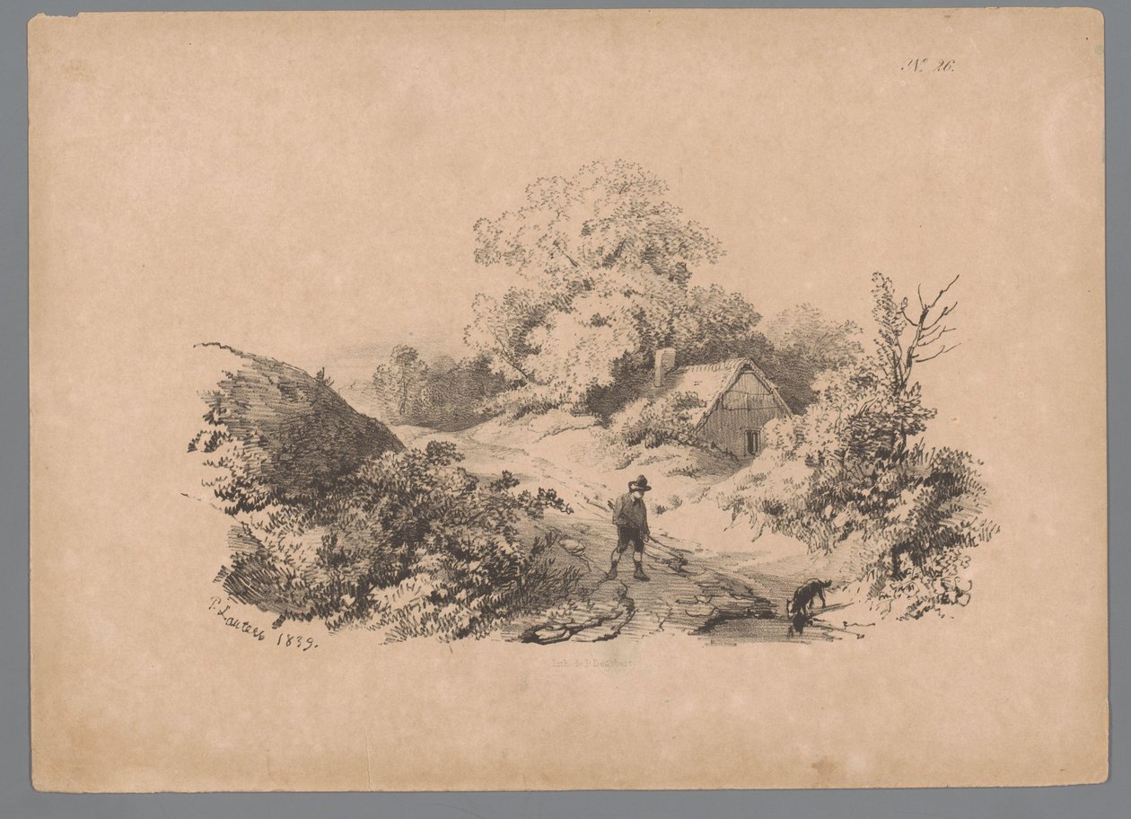 Paysage avec homme et chien sur un chemin de campagne - Paulus Lauters