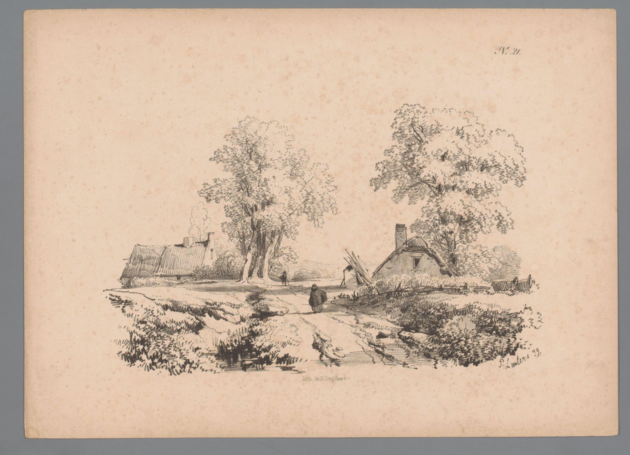 Paysage avec deux maisons et deux personnages sur un chemin (Études de paysages par Paulus Lauters) - Paulus Lauters