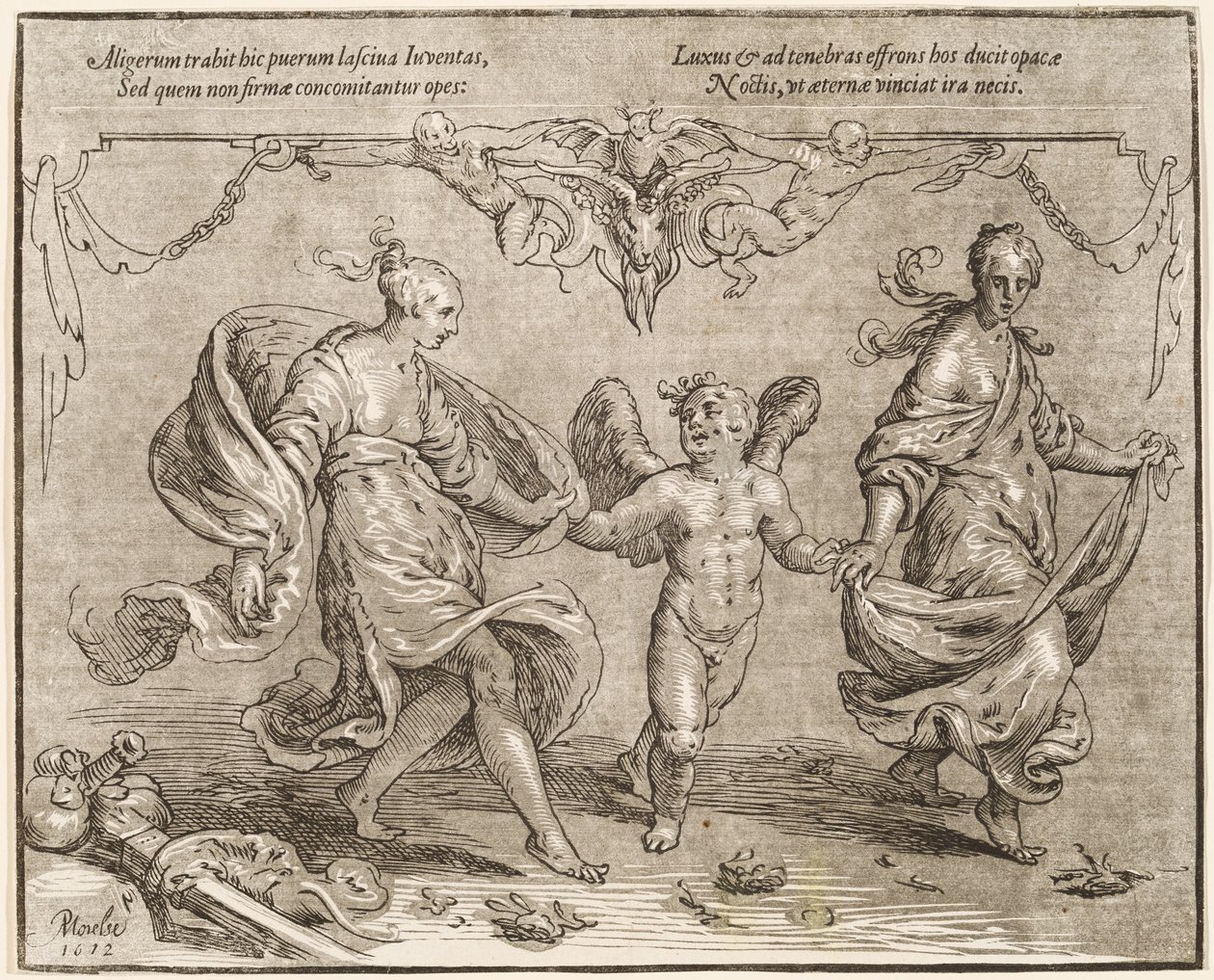 Cupidon Dansant avec Deux Femmes Allégoriques - Paulus Moreelse