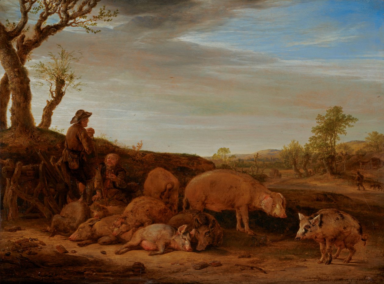 Paysage avec un troupeau de porcs, le porcher conversant avec un autre homme - Paulus Potter