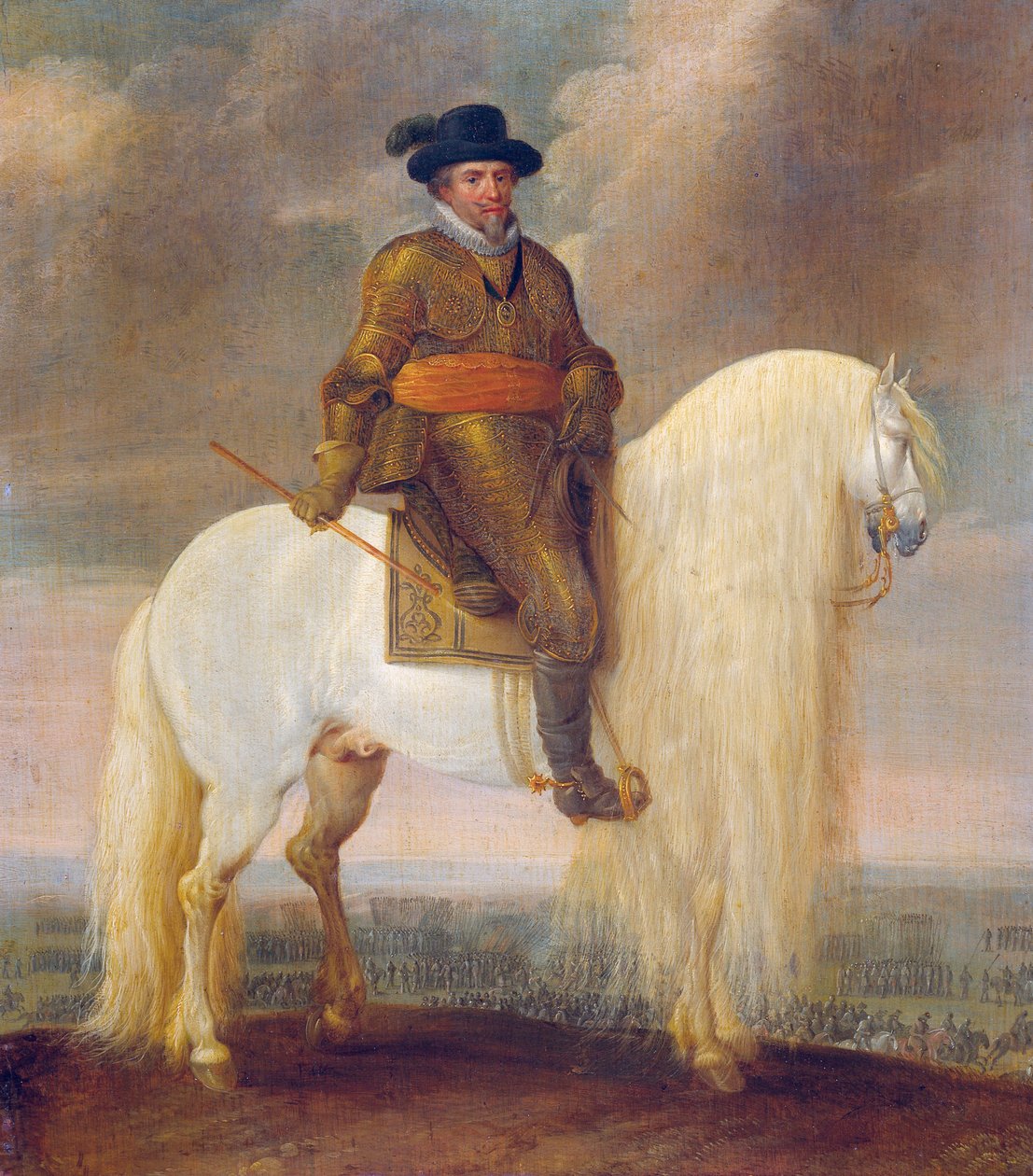 Le prince Maurits à cheval sur le cheval de guerre blanc qui lui a été offert après sa victoire à Nieuwpoort. - Pauwels van Hillegaert
