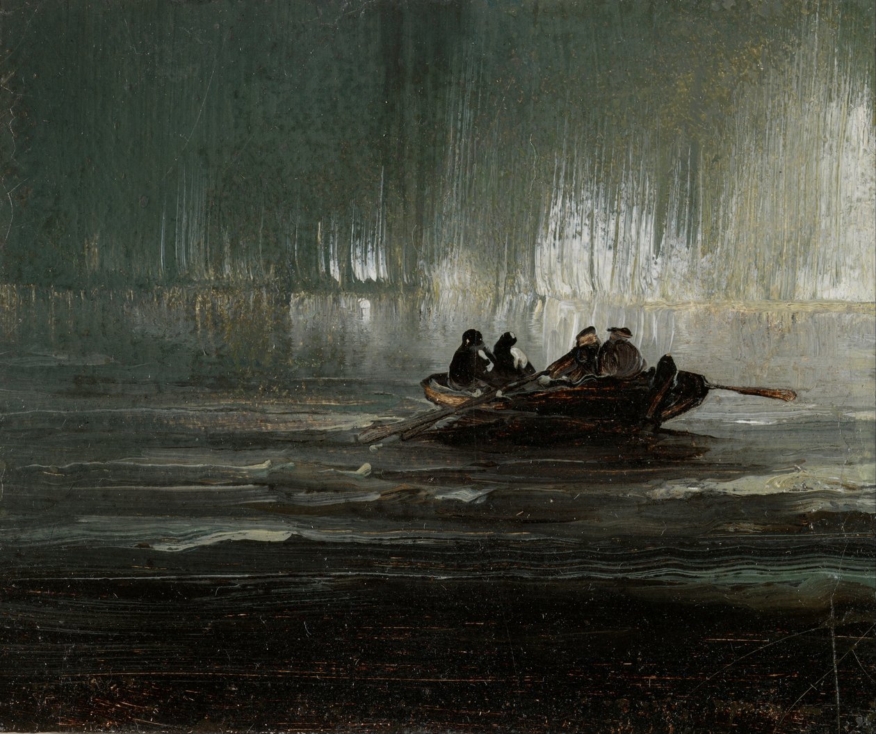 Aurores boréales au-dessus de quatre hommes dans un bateau à rames - Peder Balke