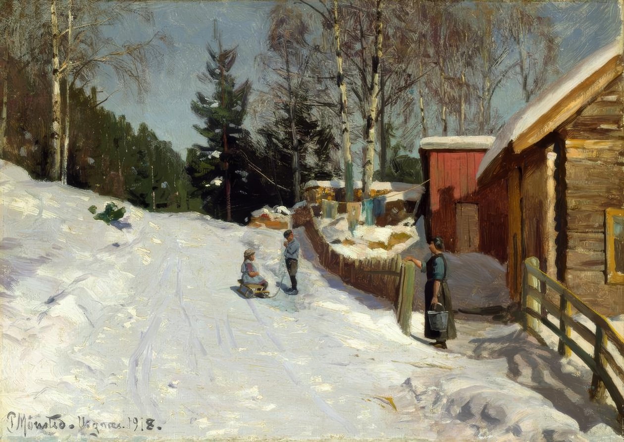 Enfants jouant dans une rue de village enneigée - Peder Monsted