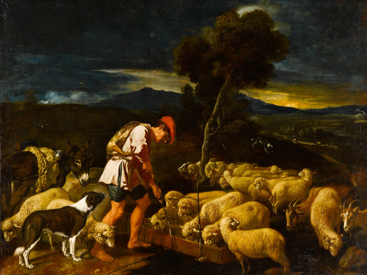Jacob arrosant les moutons de Laban devant des branches épluchées - Pedro Orrente