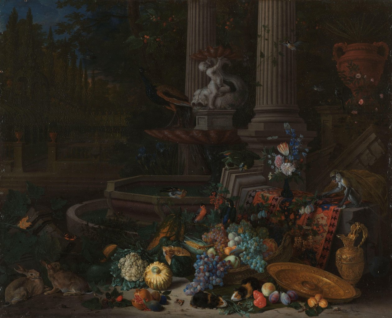 Nature morte avec des légumes devant un socle drapé et renversé près d