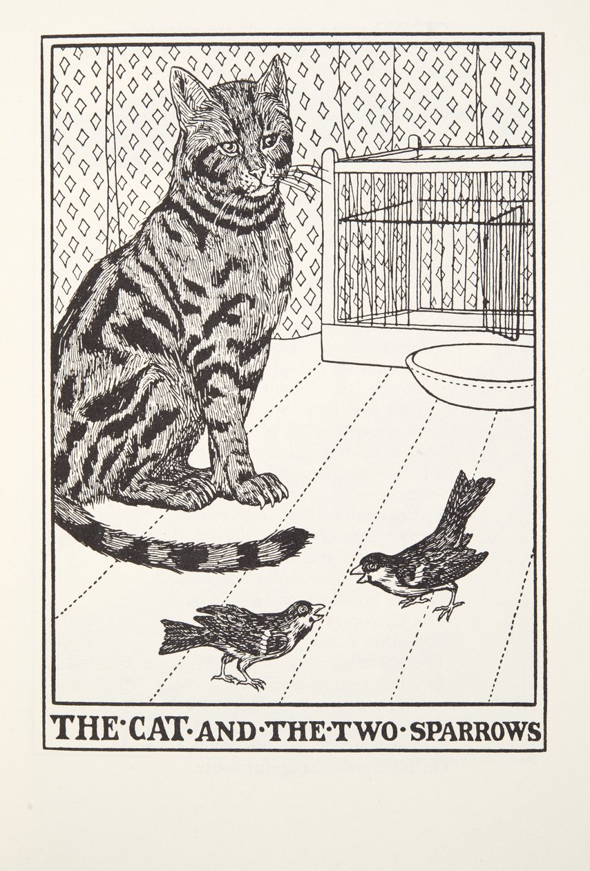 Le Chat et les Deux Moineaux, des Fables de Fontaine, pub. 1905 - Percy J. Billingshurst